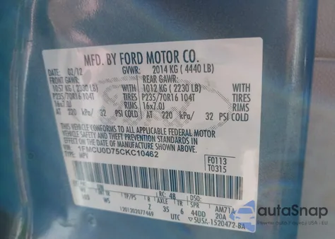 2012 Ford Escape Xlt from USA, damaged, VIN 1FMCU0D75CKC10462